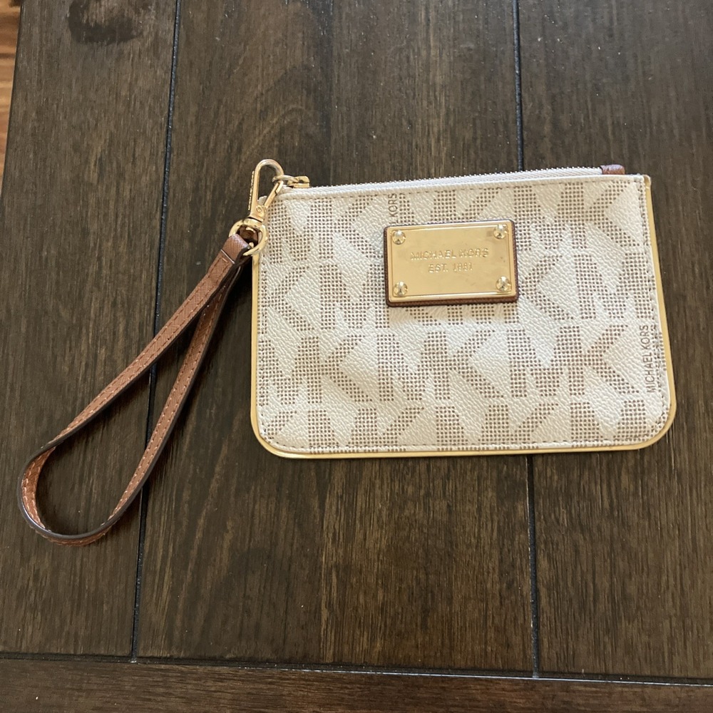Michael Kors Women's White Logo Wristlet Wallet Zip Credit Card Slot Gold